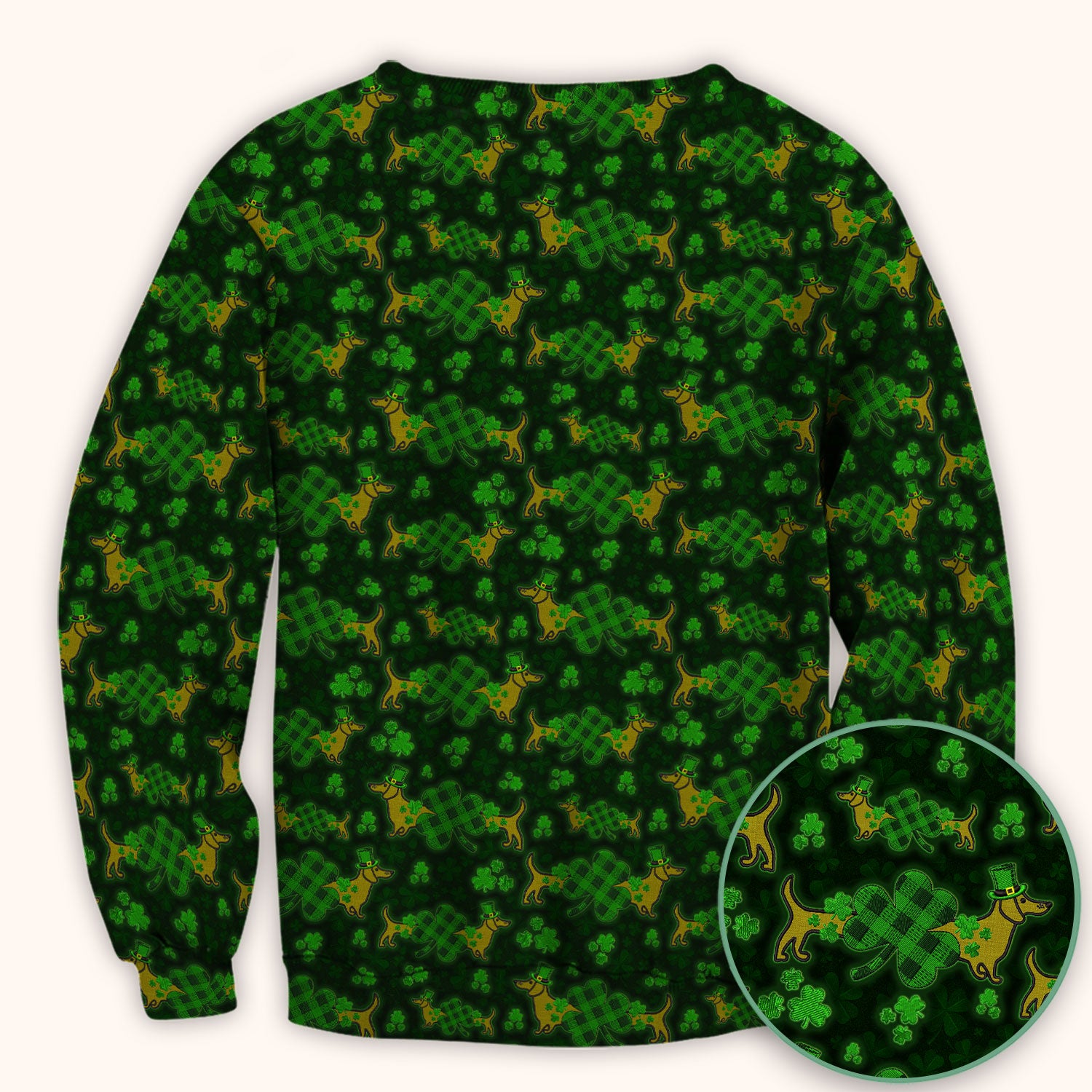 St. Patrick’s Day Dachshund Dog Pattern Scrub Top, Lucky Shamrock Puppy Nurse Scrub Shirt, Green Irish Nursing Uniform