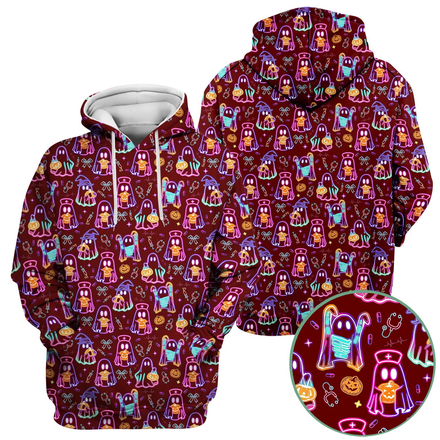 Spooky Neon Ghost Nurse Scrub Top - Halloween Pumpkin Nursing Shirt for Women - Cute Medical Uniform RN CNA LPN Gift
