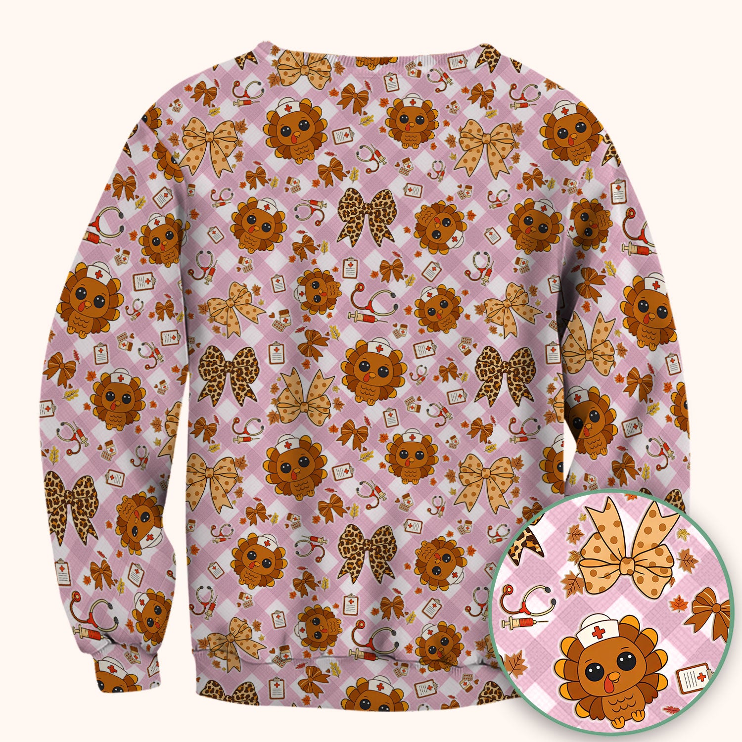 Thanksgiving Turkey Scrub Top for Nurses - Cute Fall Leaves and Bow Shirt - Funny Autumn Nursing Gift for Women RN LPN CNA