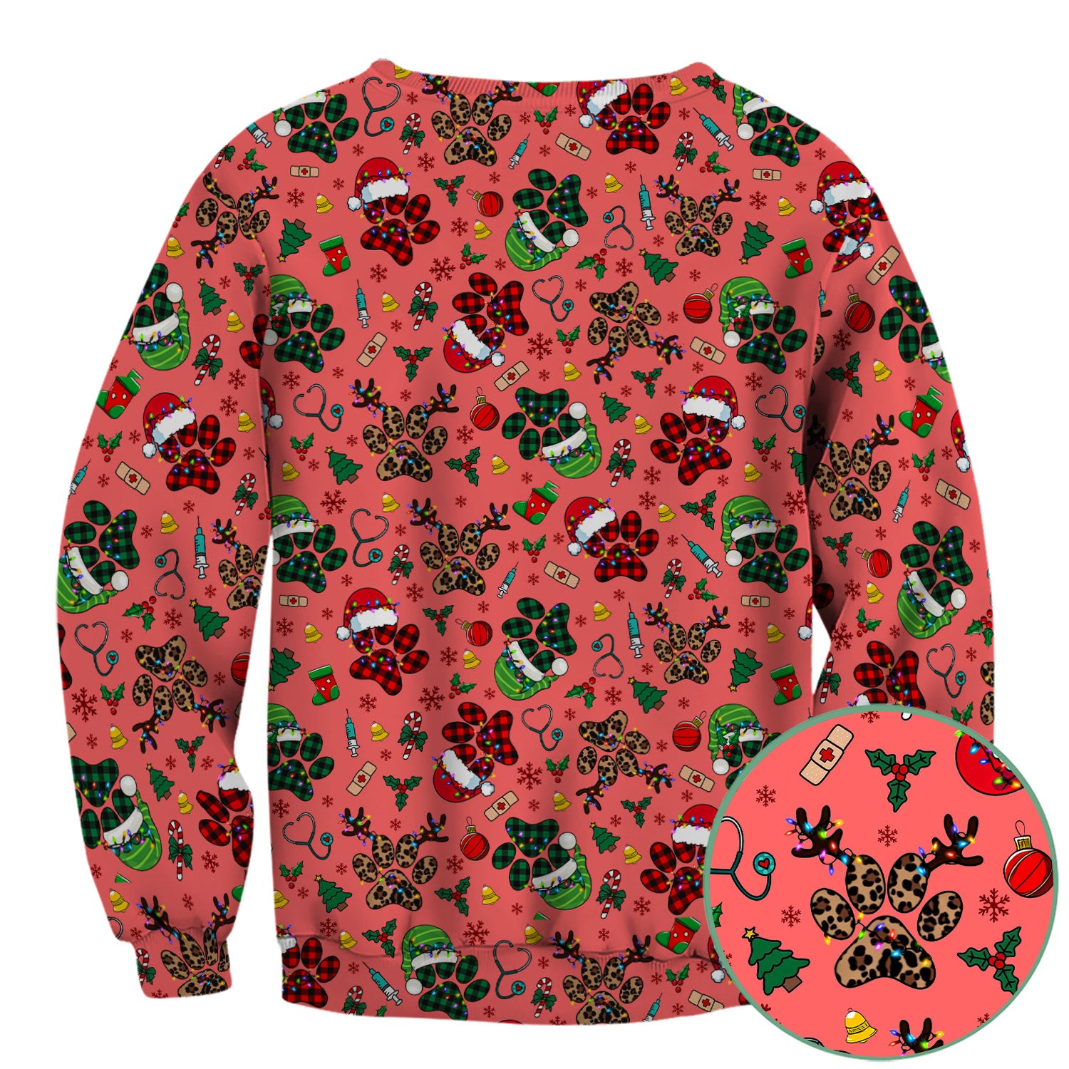 Christmas Paw Print Scrub Top for Nurses - Cute Leopard Holiday Pattern - Funny Festive Medical Uniform Gift
