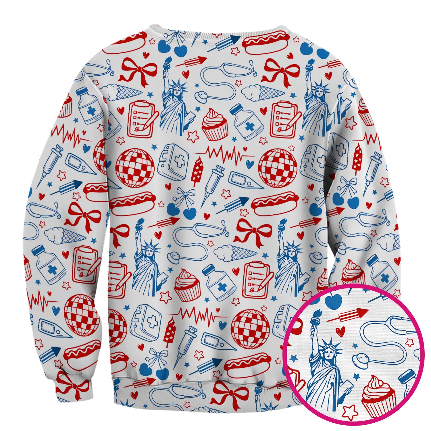 Patriotic Nurse Medical Icons Pattern Scrub Top, Breathable Fabrics Nursing Uniform