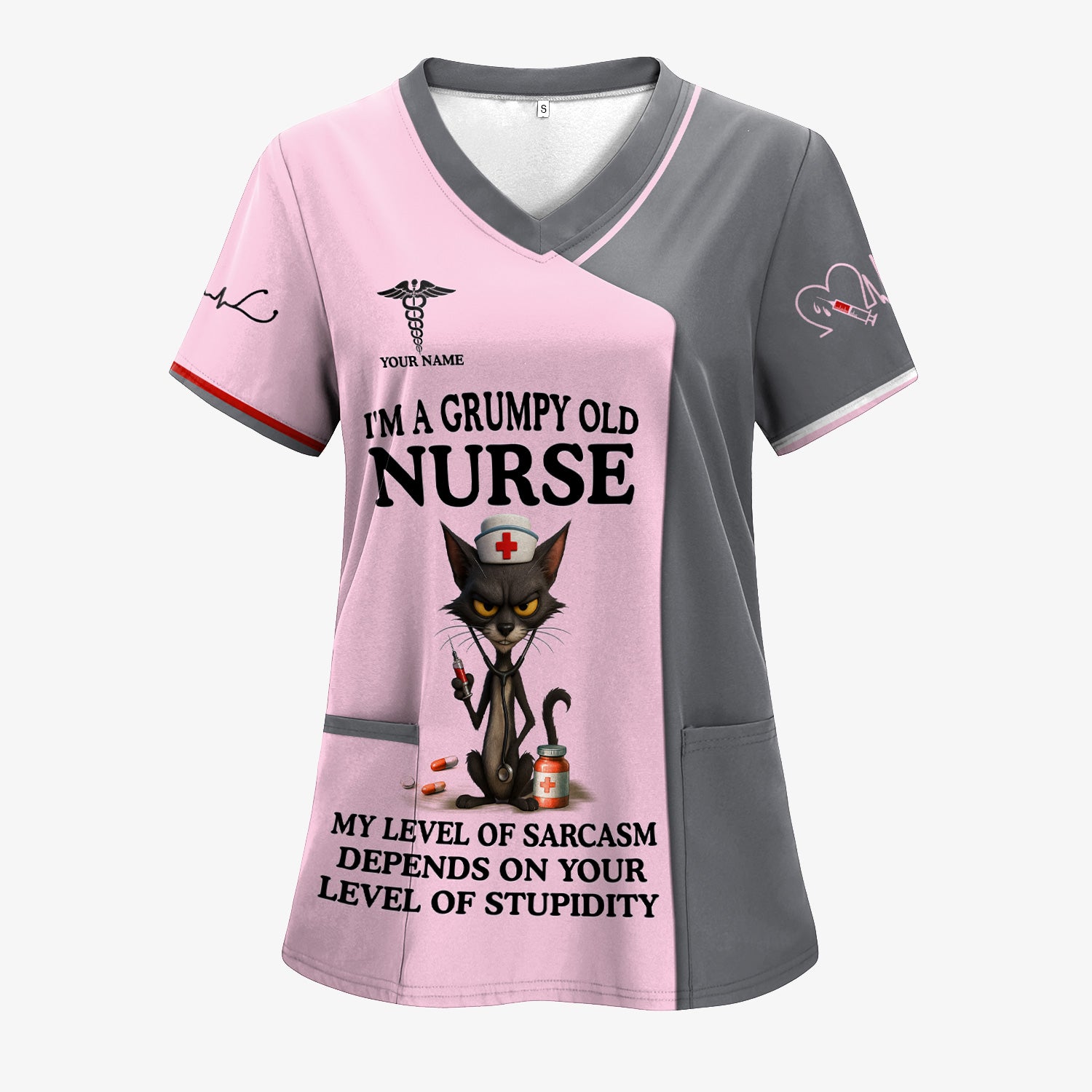 Sarcastic Grumpy Old Nurse Shirt - Black Cat Humo & Caduceus Symbol Design - Personalized Gift for RN LPN CNA Healthcare Workers