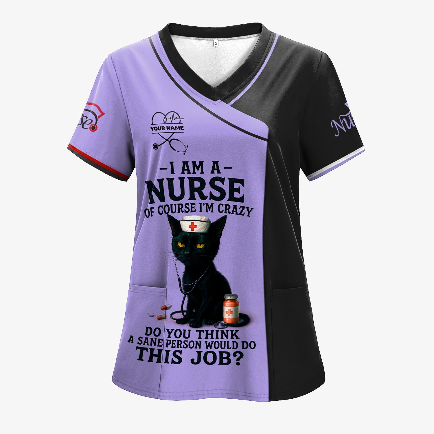 Funny Nurse Scrub Shirt with Black Cat Quote Design - Multiple Color Options Available - Gift for RN CNA LPN Healthcare Workers