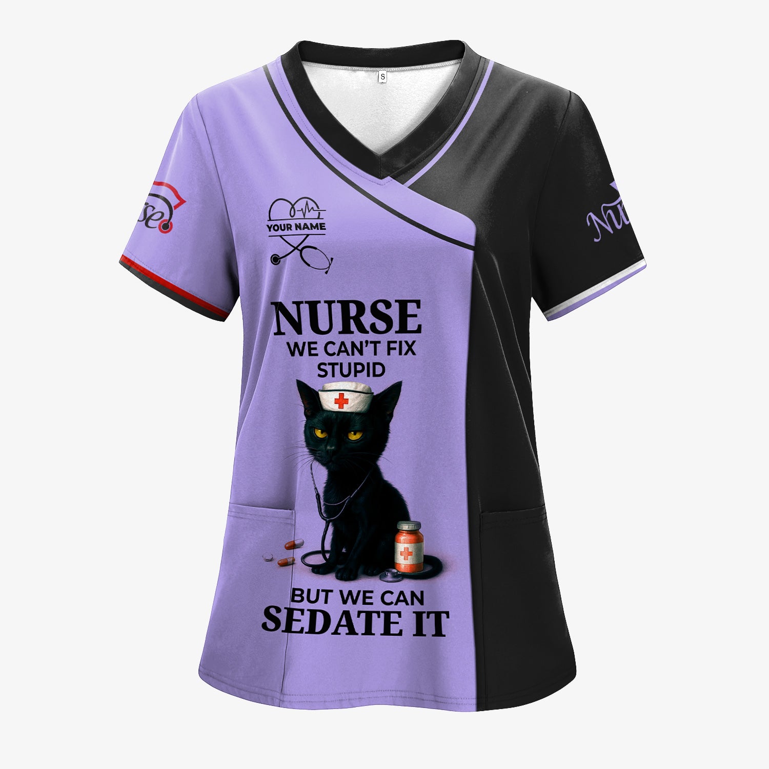 Funny Nurse Shirt for RN LPN CNA - We Can’t Fix Stupid But Can Sedate It Black Cat Quote - Multiple Color Options Gift for Healthcare Workers