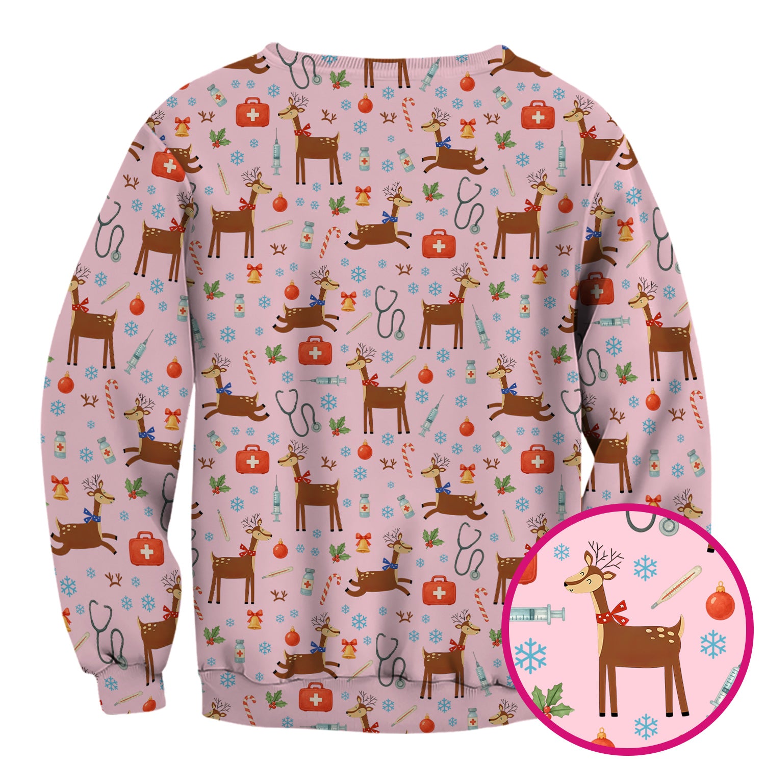 Reindeer Christmas Scrub Top - Snowflakes Candy Canes Holiday Medical Shirt - Xmas Scrubs for Women RN CNA LPN
