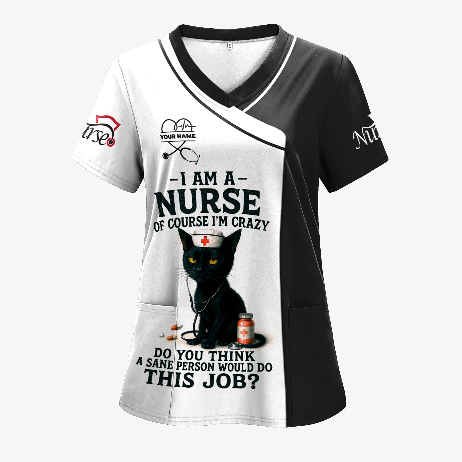 Funny Nurse Scrub Shirt with Black Cat Quote Design - Multiple Color Options Available - Gift for RN CNA LPN Healthcare Workers