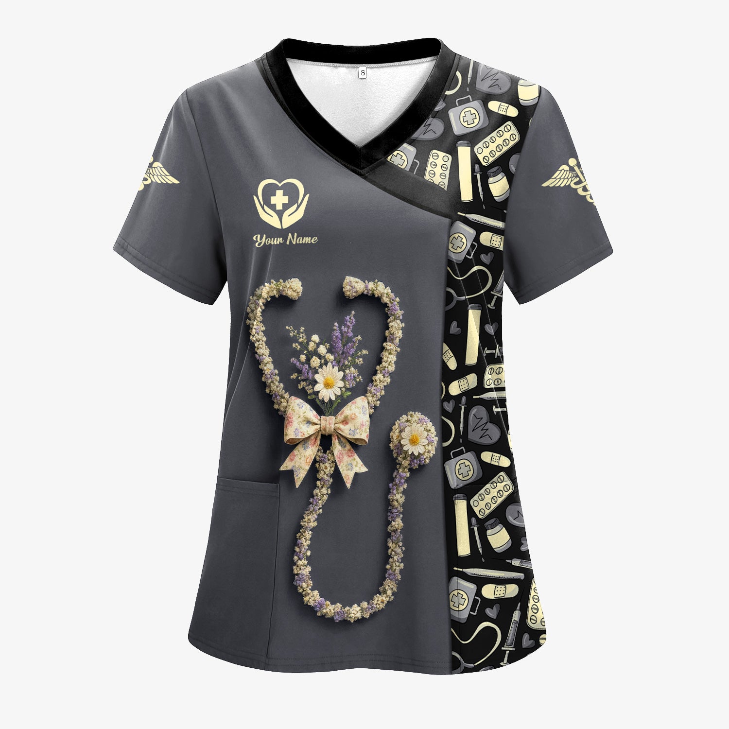 Colorful Nurse Scrubs for Women RN CNA LPN - Inspirational Floral Stethoscope Top with Heart Design - Gift for Healthcare Workers with Custom Name