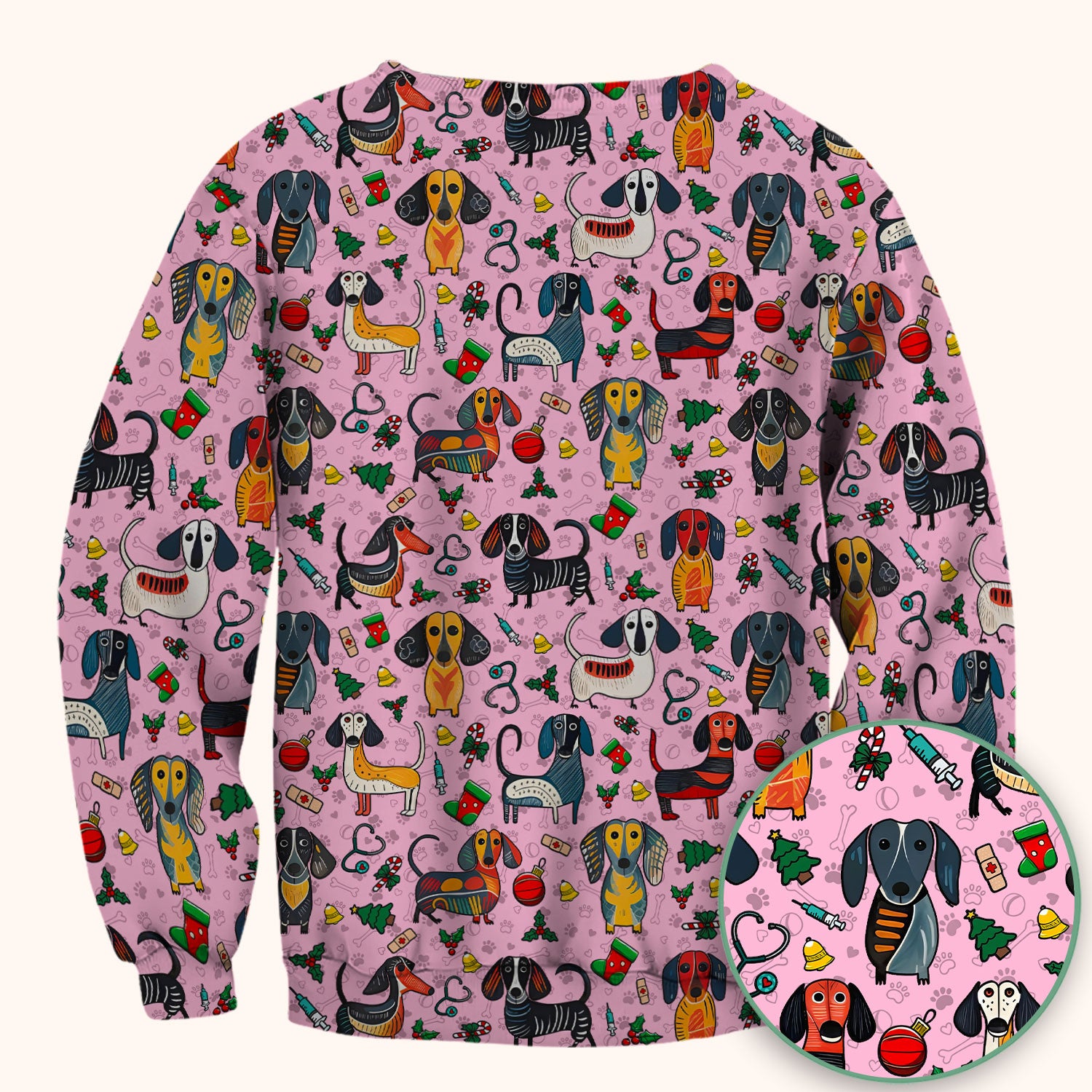 Christmas Wiener Dog Scrub Top - Funny Sausage Dog Nurse Shirt for Women - Holiday Medical Uniform
