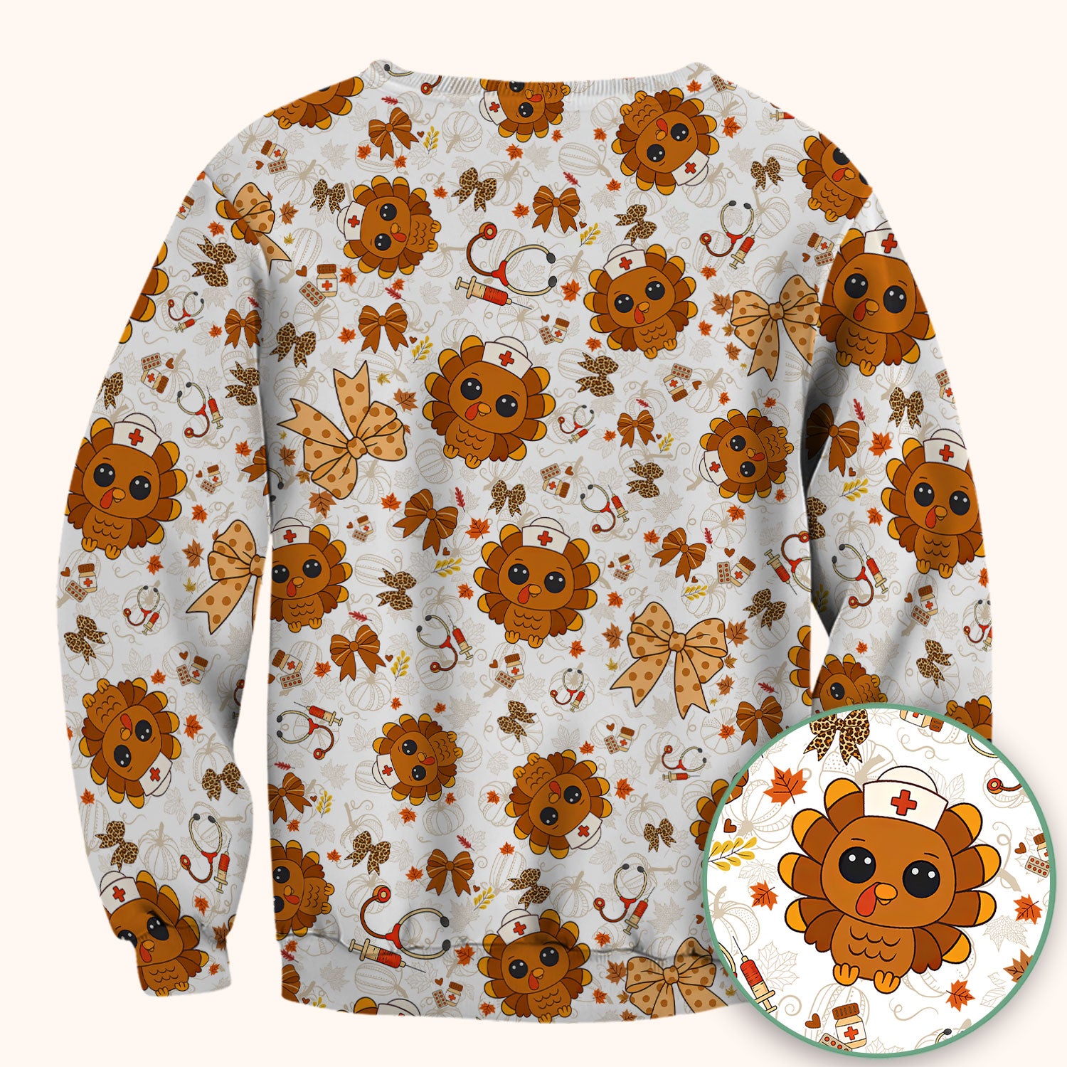 Thanksgiving Turkey Nurse Scrub Top for Women - Cute Fall Leaves and Bow Shirt - Autumn Medical Shirt Gift for RN CNA LPN Doctor