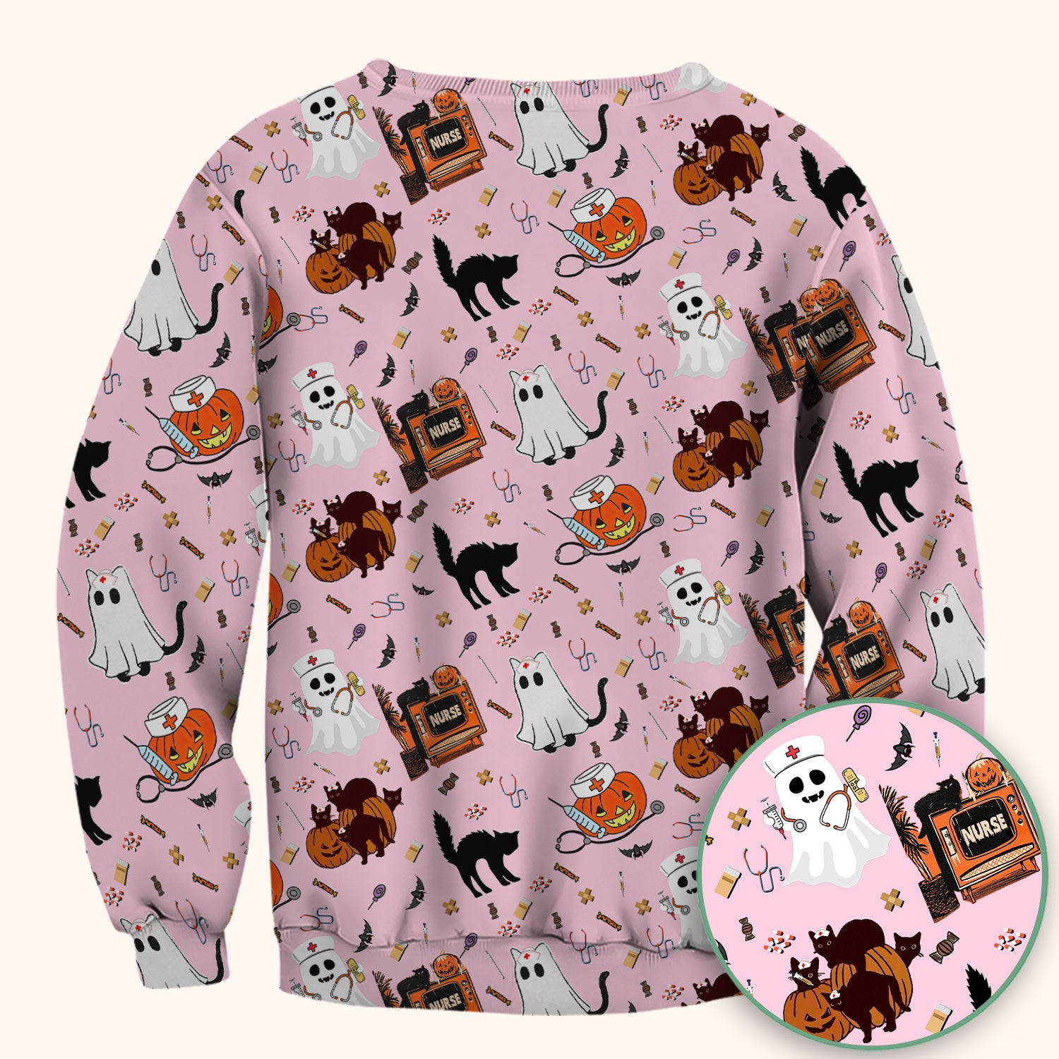Halloween Scrub Top for Nurse - Cute Pumpkin Ghost Cat Medical Shirt - Spooky Scrubs for Women RN CNA LPN