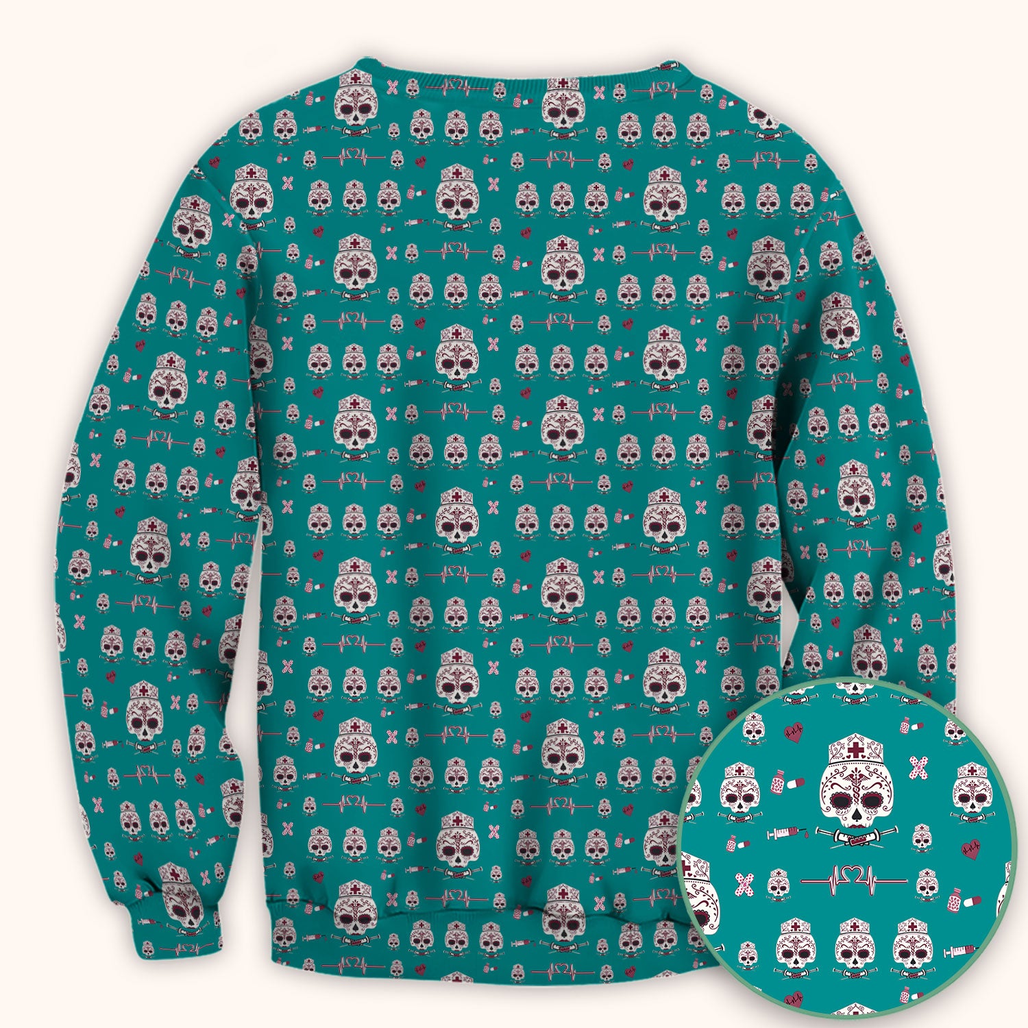 Sugar Skull Scrub Top, Skull Pattern Scrub Shirt, Breathable Fabrics Nursing Uniform