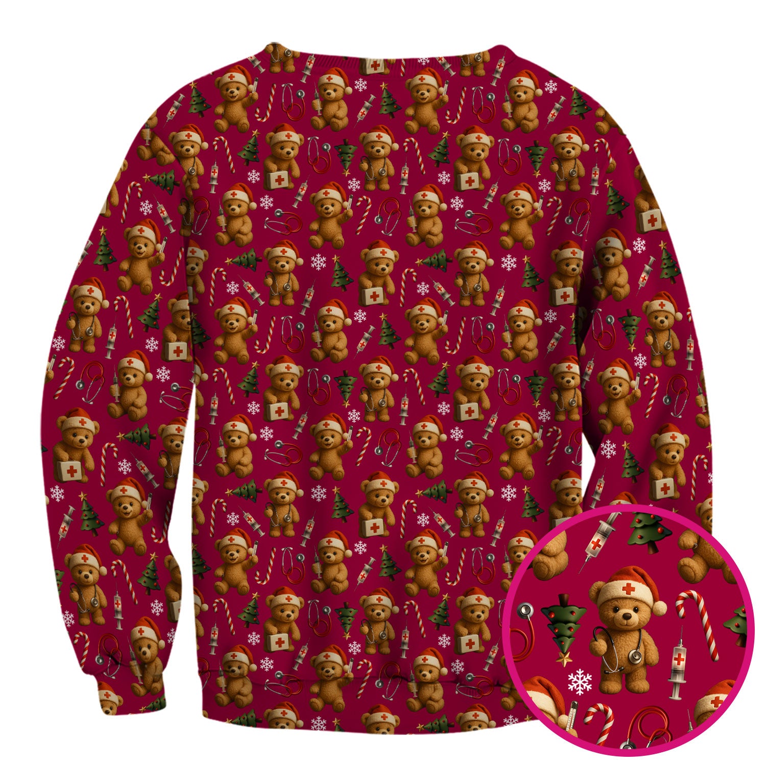 Teddy Bear Christmas Scrubs for Women - Cute Nurse Bear Pattern Medical Scrub Top - Holiday Christmas Scrubs with Fun Festive Design