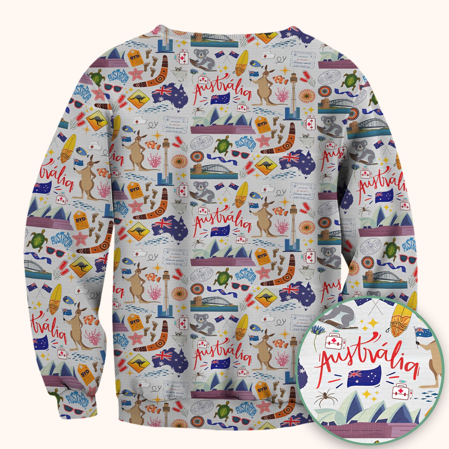Australia Scrub Top for Women - Aussie Icons with Kangaroo Koala Opera House - Travel Medical Uniform Gift for LPN RN CNA