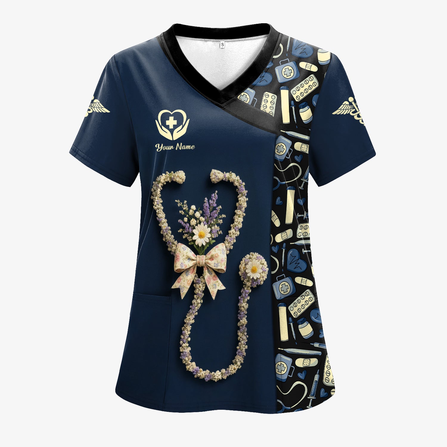 Colorful Nurse Scrubs for Women RN CNA LPN - Inspirational Floral Stethoscope Top with Heart Design - Gift for Healthcare Workers with Custom Name