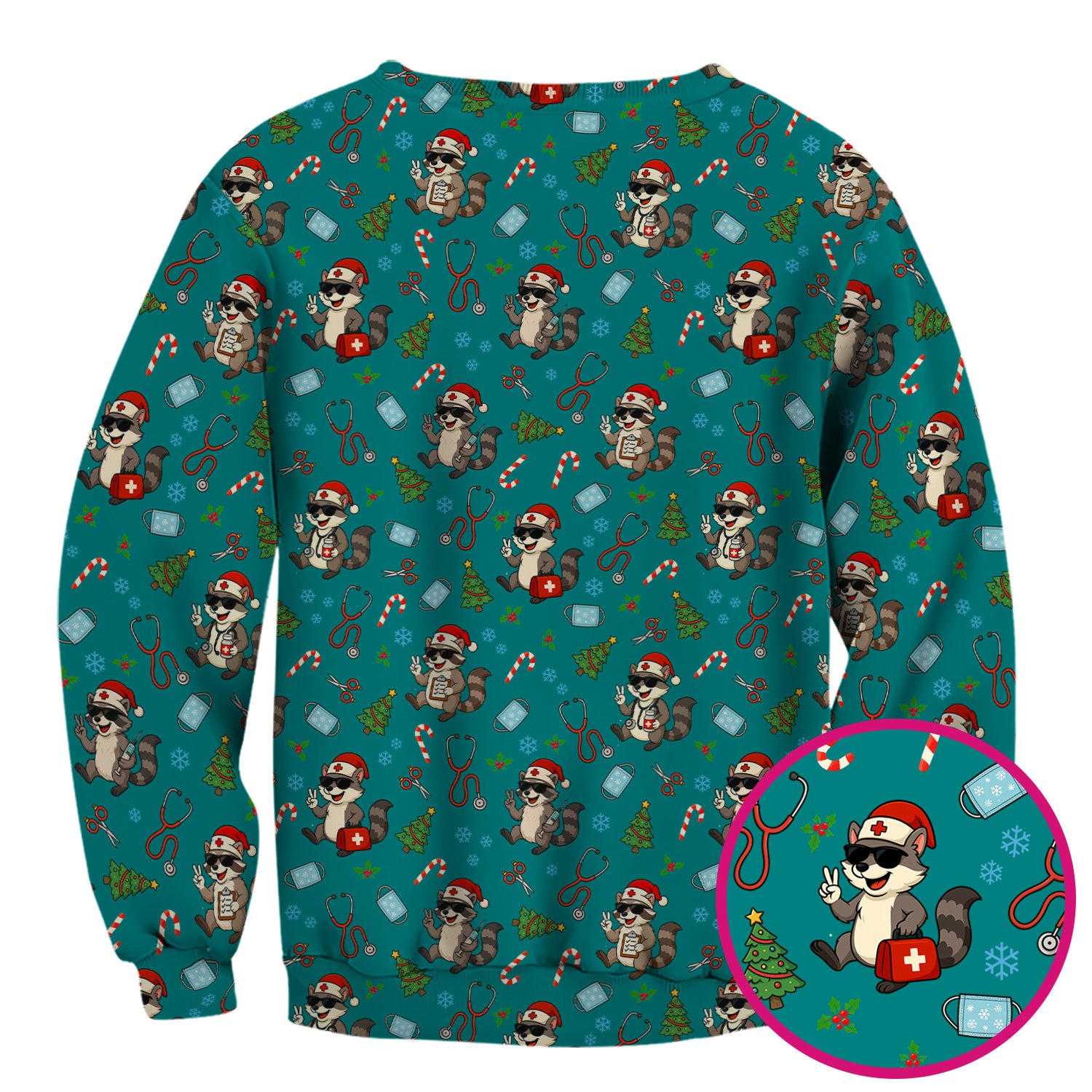 Cute Raccoon Christmas Scrub Top - Santa Hat and Stethoscope Pattern Nurse Scrubs - Funny Holiday Medical Shirt Gift for RN CNA LPN