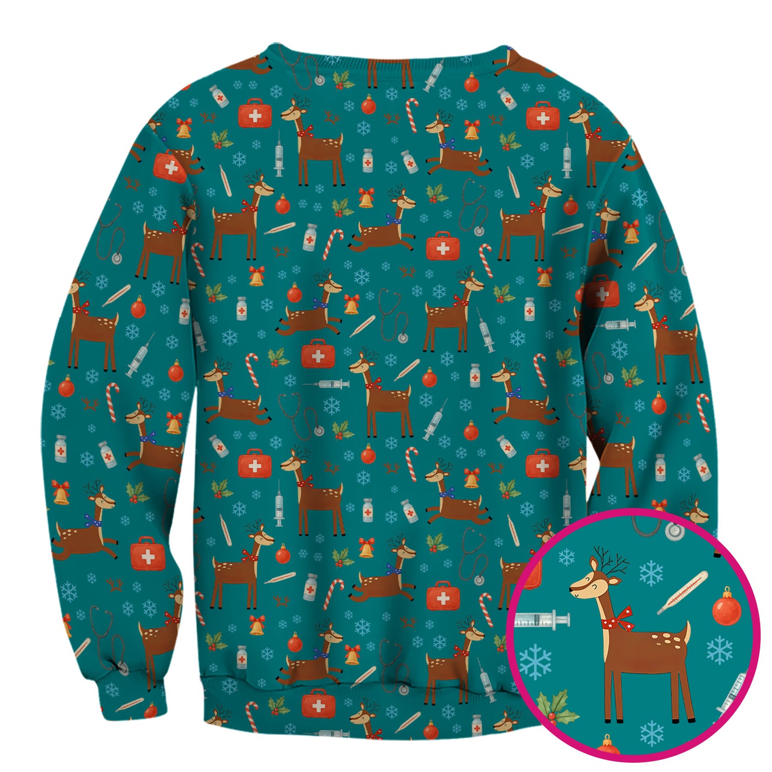 Reindeer Christmas Scrub Top - Snowflakes Candy Canes Holiday Medical Shirt - Xmas Scrubs for Women RN CNA LPN