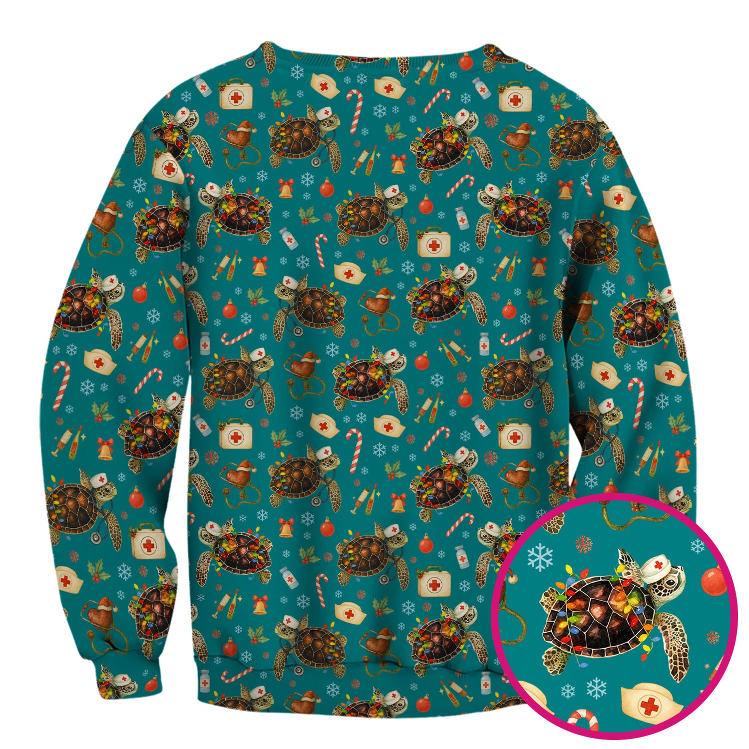 Funny Christmas Scrub Top - Sea Turtle with Xmas Lights Shirt - Holiday Nurse Scrubs for Women