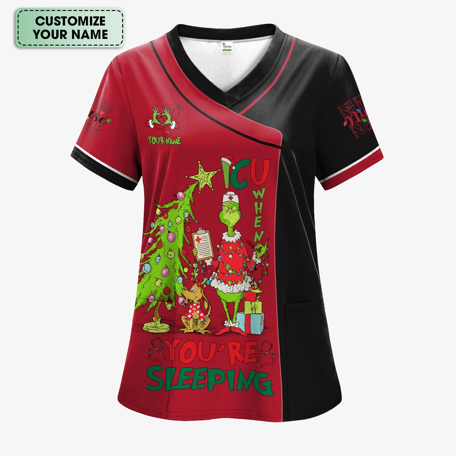 Custom Name Christmas Nurse Scrub - Grinch ICU When You’re Sleeping - LPN CNA RN Gift