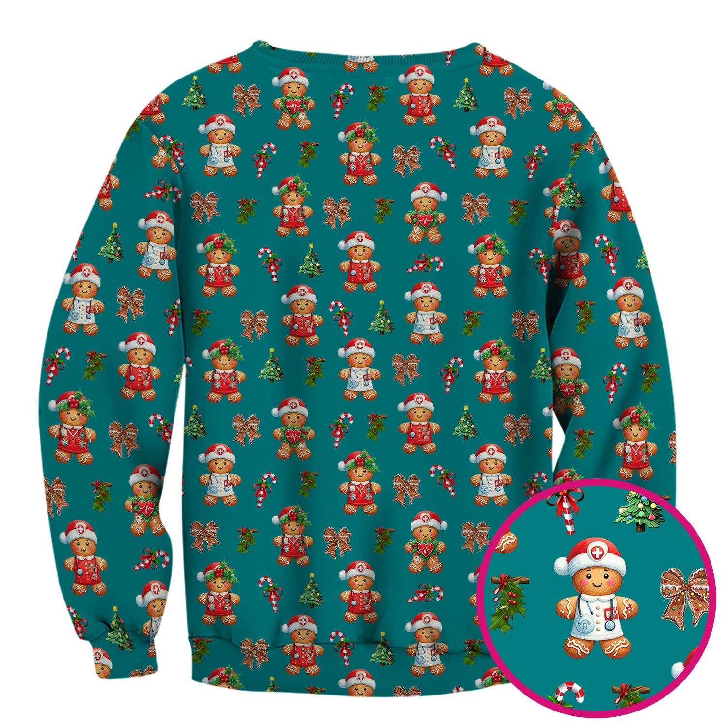 Funny Christmas Scrub Top for Nurse - Adorable Gingerbread Candy Cane Bow- Festive Medical Uniform for Women