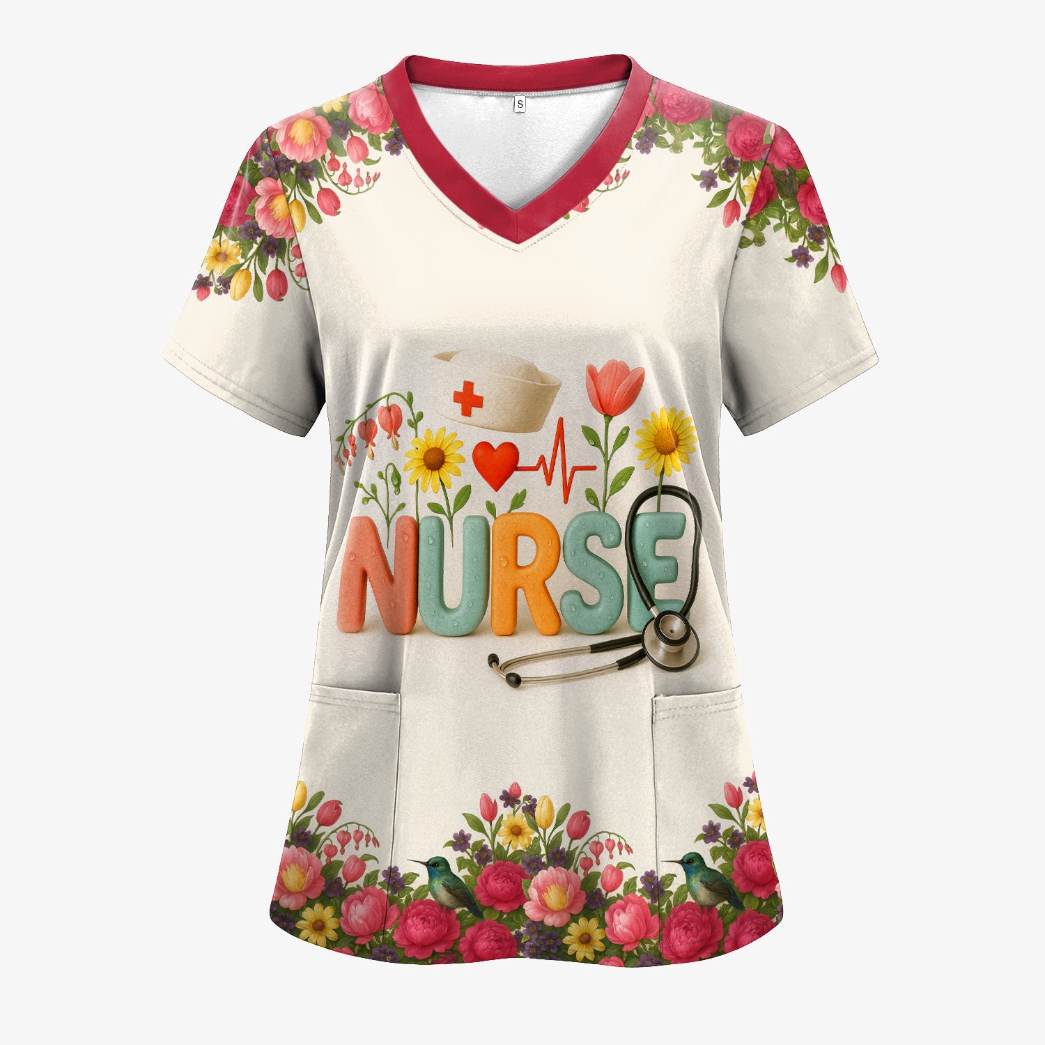 Personalized Floral Nurse Shirt with Name - Cute Colorful Flowers and Stethoscope Design - Thoughtful Gift for Women RN CNA LPN in Healthcare and Nursing Profession