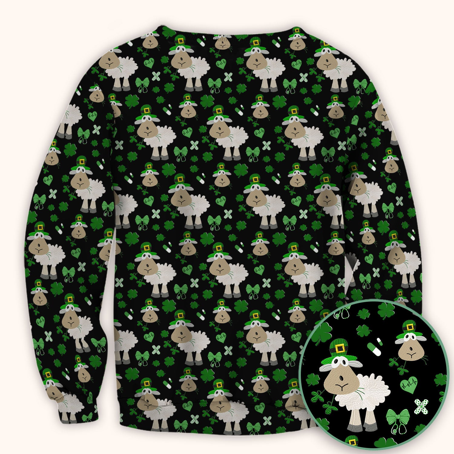 Nurse St. Patrick Scrubs Top, Cute Sheep Shamrock Pattern Nurse Shirt, Breathable Fabrics Nursing Uniform