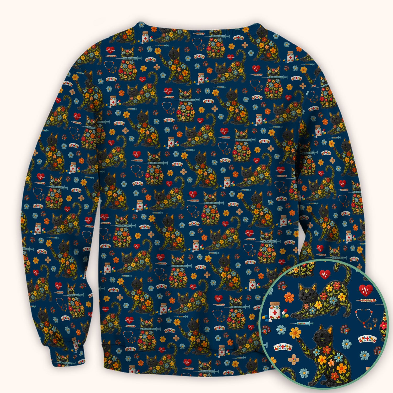 Floral Black Cat Pattern Scrub Top, Cute Cat Nurse Scrub Shirt, Medical Nursing Uniform