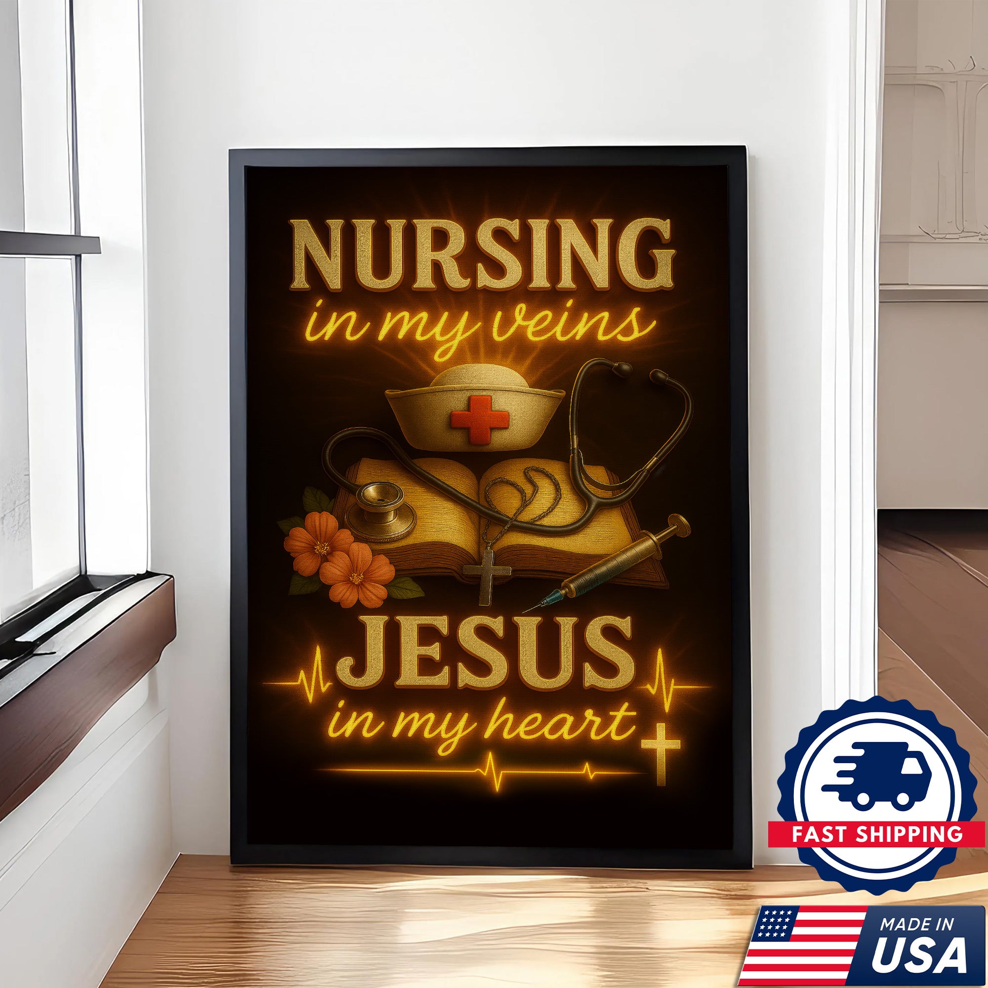 Christian Nurse Wall Art Canvas, Nursing in My Veins Jesus in My Heart, Gift for RN CNA LPN Women
