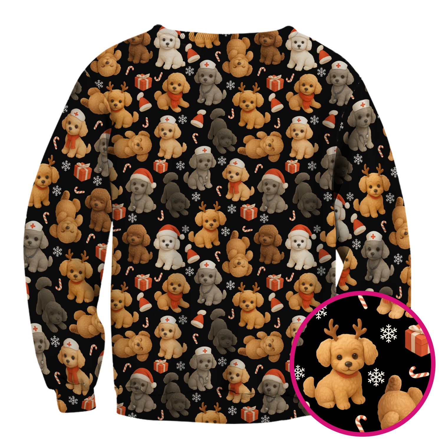 Christmas Poodle Scrubs for Women - Cute Dog Pattern Medical Scrub Top - Festive Holiday Christmas Scrubs with Adorable Poodle Design
