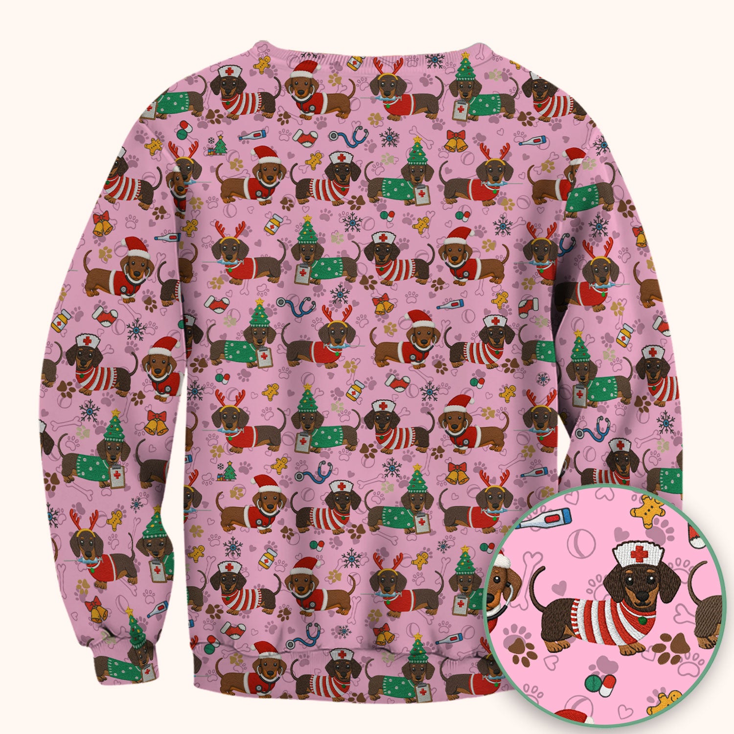 Christmas Dachshund Scrub Top for Nurses - Cute Wiener Dog Pattern Medical Shirt - Festive Holiday Scrubs Gift for Women RN CNA LPN