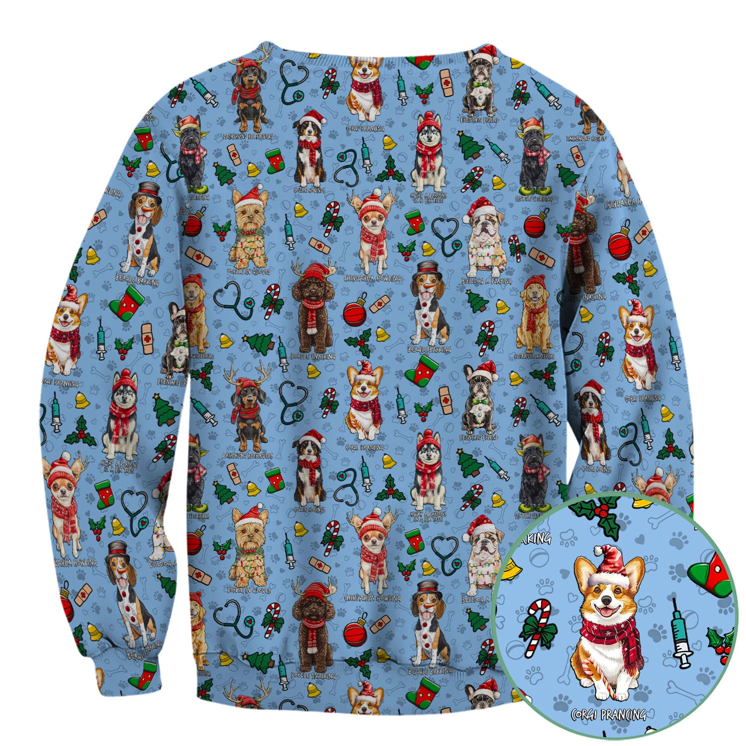 Christmas Dog Scrubs for Nurses – Dachshund, Husky, Poodle, Corgi & Labrador Holiday Scrub Top – Funny Santa Pattern Medical Shirt