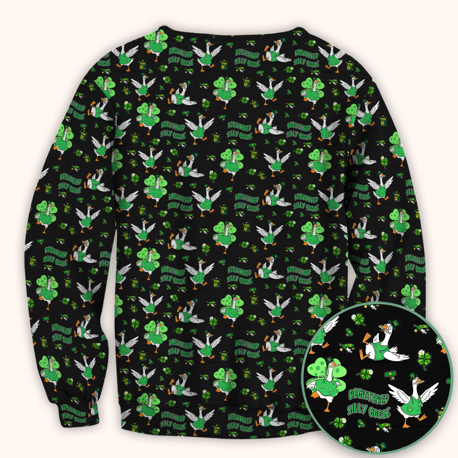 Silly Goose St. Patrick’s Day Scrub Top, Funny Goose Shamrock Pattern Nurse Scrub Shirt, Irish Green Nursing Uniform