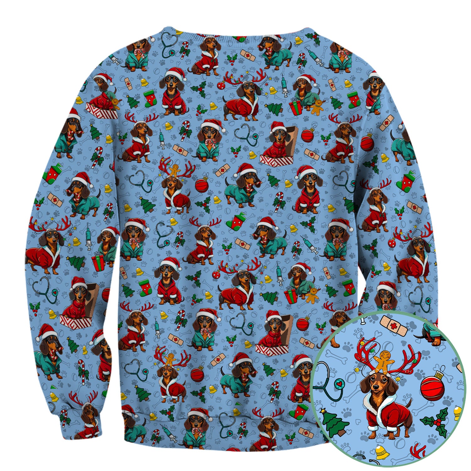 Christmas Dachshund Scrubs for Nurses - Cute Sausage Dog Holiday Scrub Top - Funny Reindeer & Santa Medical Shirt for Women