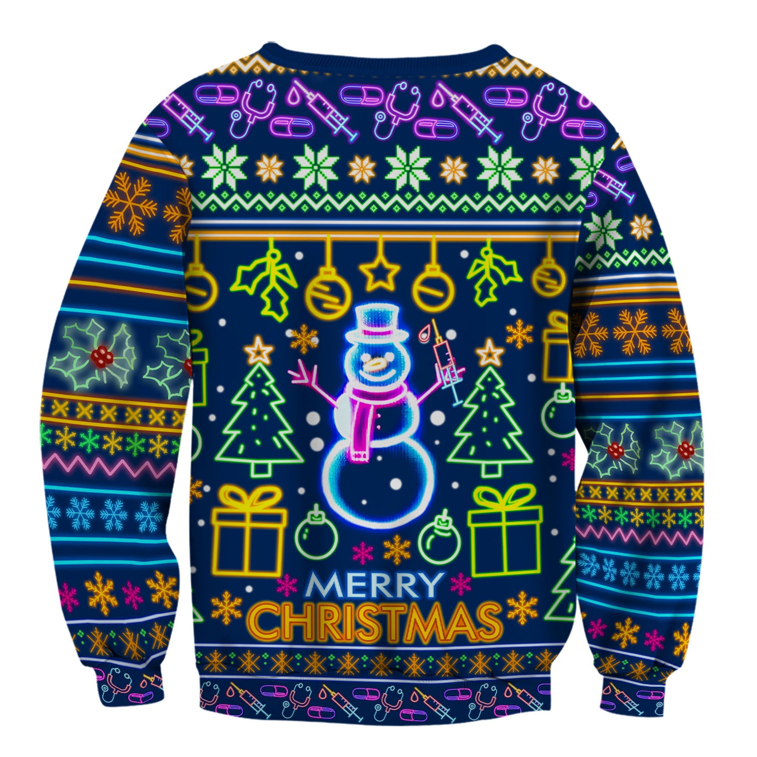 Neon Snowman Christmas Scrub Top for Nurses - Merry Christmas Holiday Lights Pattern - Funny Festive Medical Uniform for RN LPN CNA