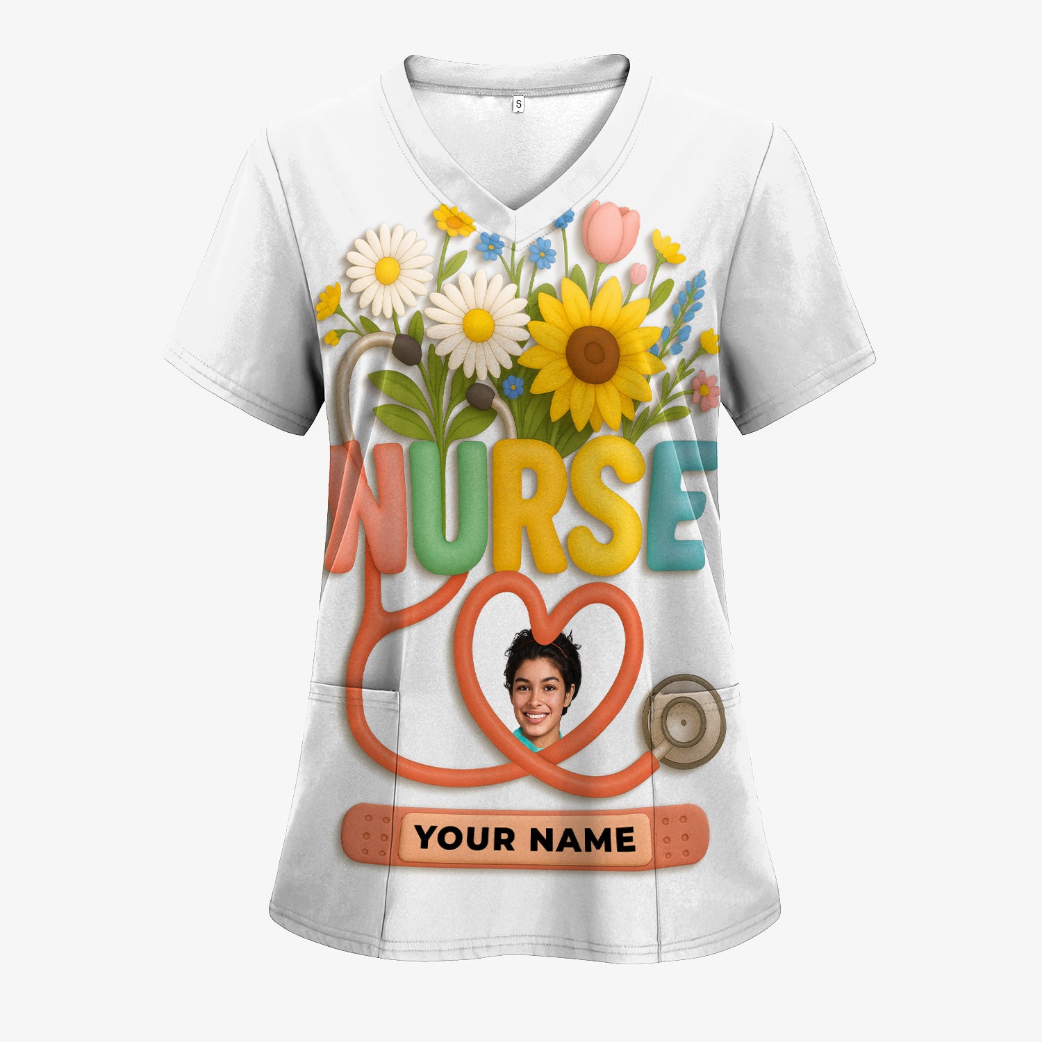 Nurse Appreciation Shirt for CNA RN LPN - Floral Heart Stethoscope Design - Custom Photo & Name Gift for Women Healthcare Workers - Multiple Shirt Colors Available