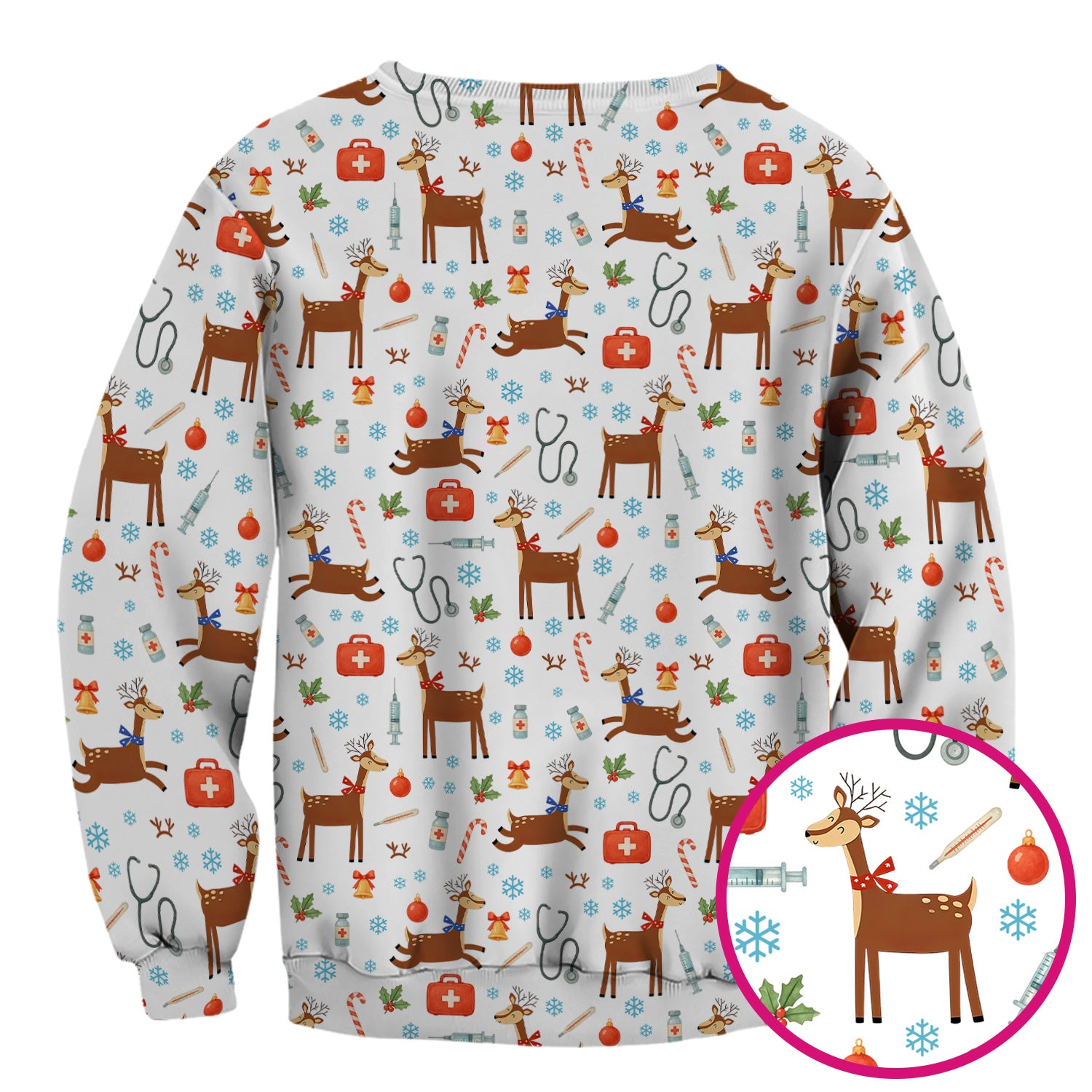 Christmas Reindeer Scrub Top for Nurses - Cute Reindeers Snowflakes Candy Canes Shirt - Comfortable Med Uniform
