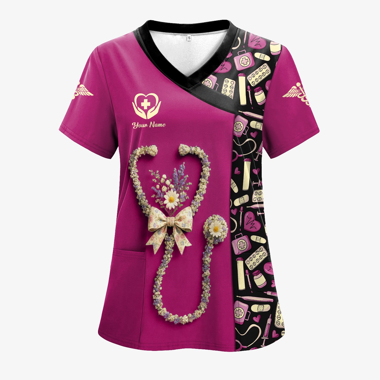 Colorful Nurse Scrubs for Women RN CNA LPN - Inspirational Floral Stethoscope Top with Heart Design - Gift for Healthcare Workers with Custom Name