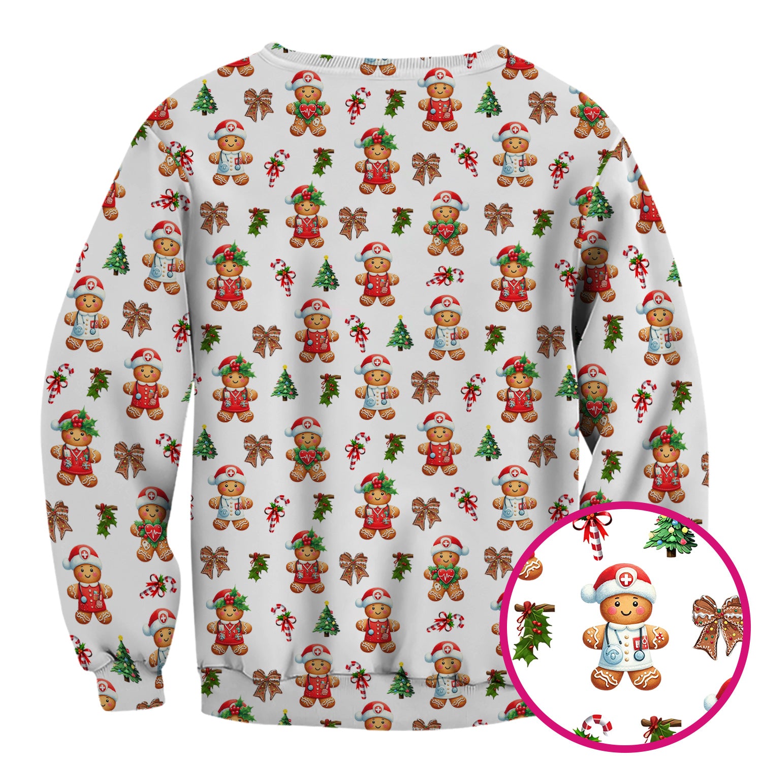 Funny Christmas Scrub Top for Nurse - Adorable Gingerbread Candy Cane Bow- Festive Medical Uniform for Women