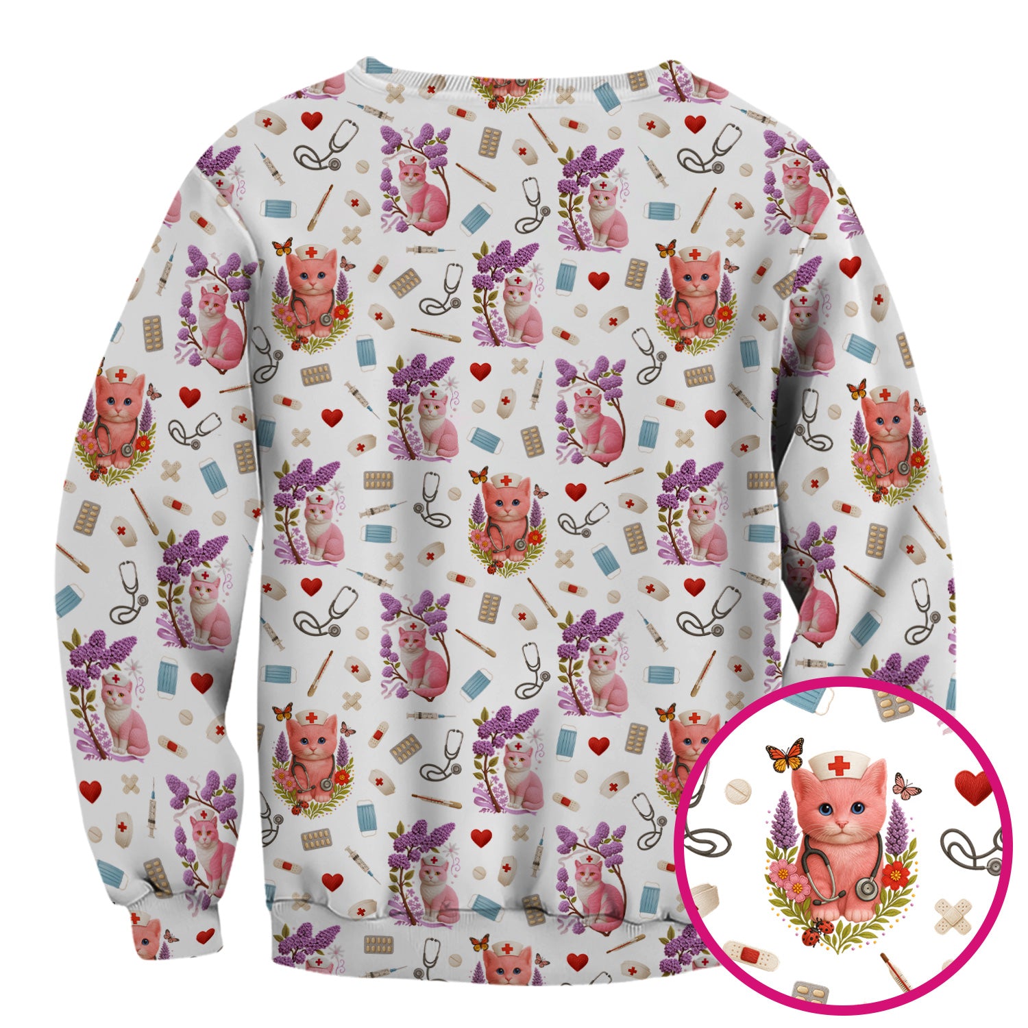 Pink Cat Print Medical Scrub Top - Cute Nurse Shirt for Women - Funny Pattern Gift for RN LPN CNA Healthcare Workers