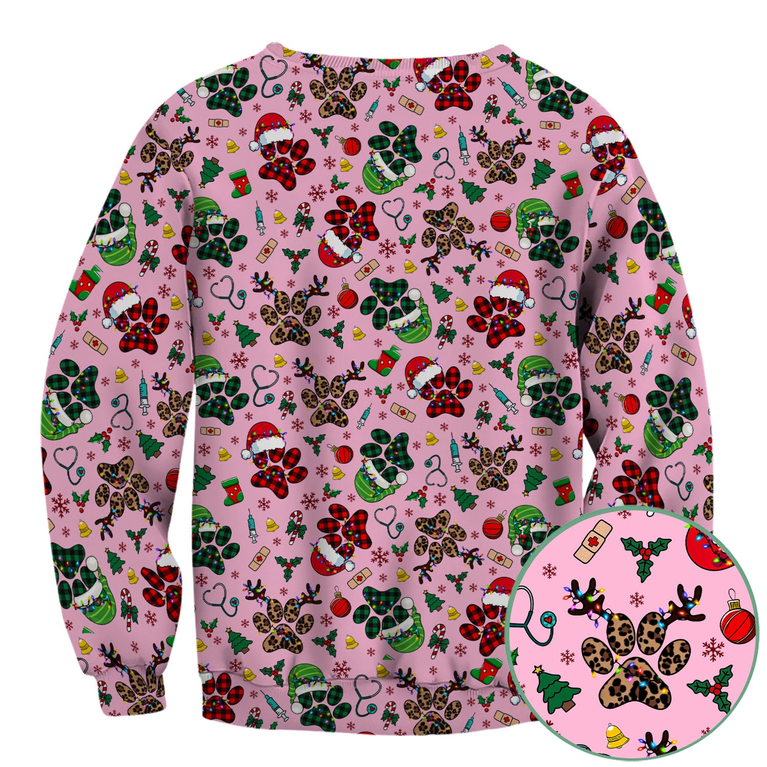 Christmas Paw Print Scrub Top for Nurses - Cute Leopard Holiday Pattern - Funny Festive Medical Uniform Gift