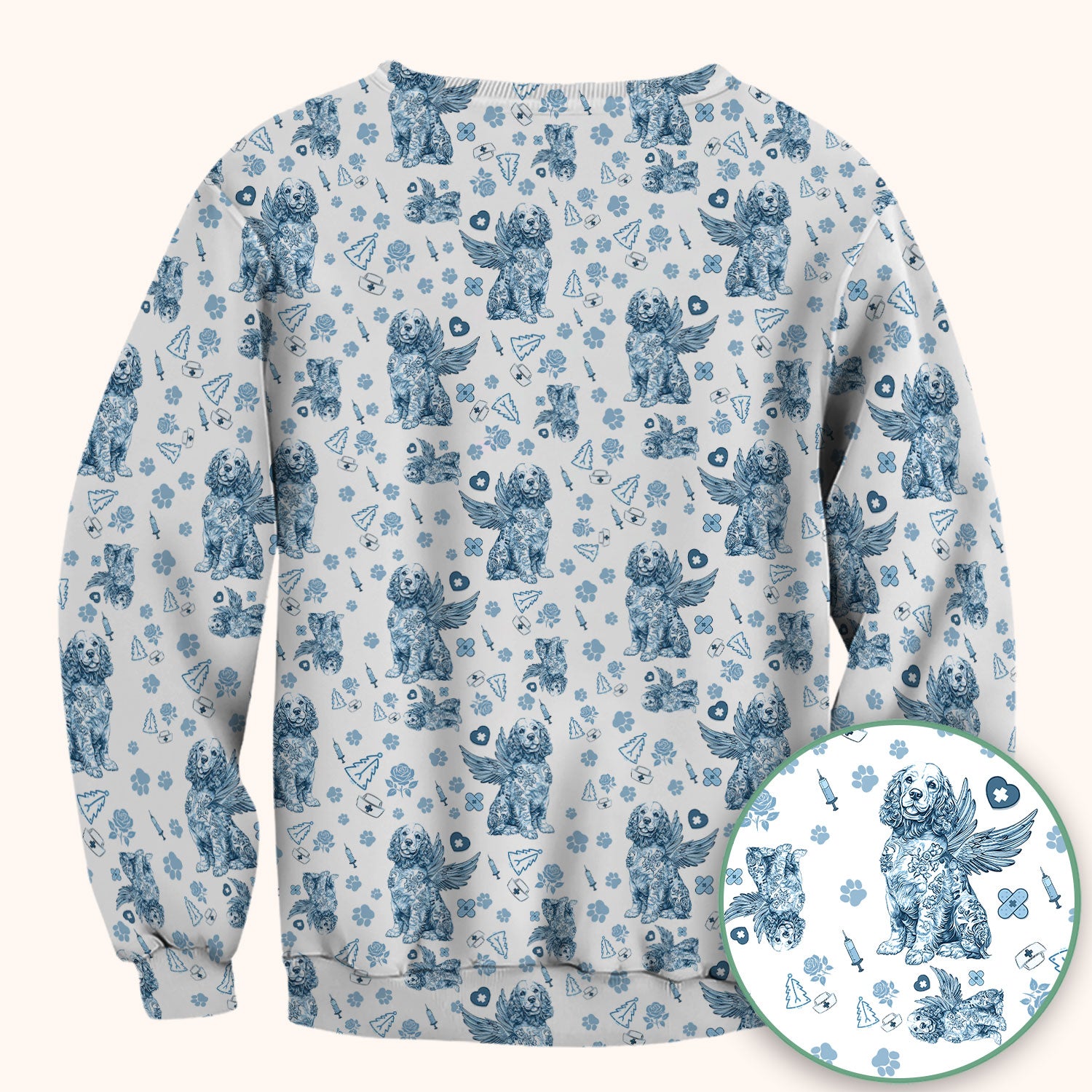 Toile De Jouy Scrubs for Nurses - Angel Puppy Medical Uniform - Floral Dog in Heaven Gift for Women, Vet Techs, RN CNA LPN