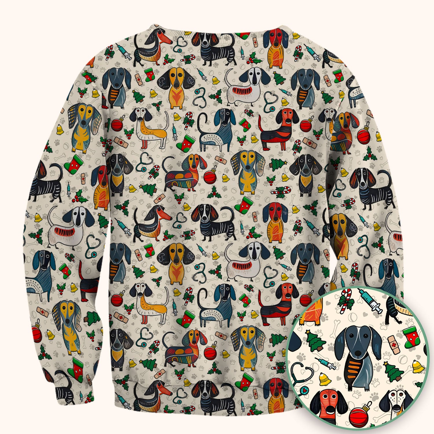 Christmas Wiener Dog Scrub Top - Funny Sausage Dog Nurse Shirt for Women - Holiday Medical Uniform