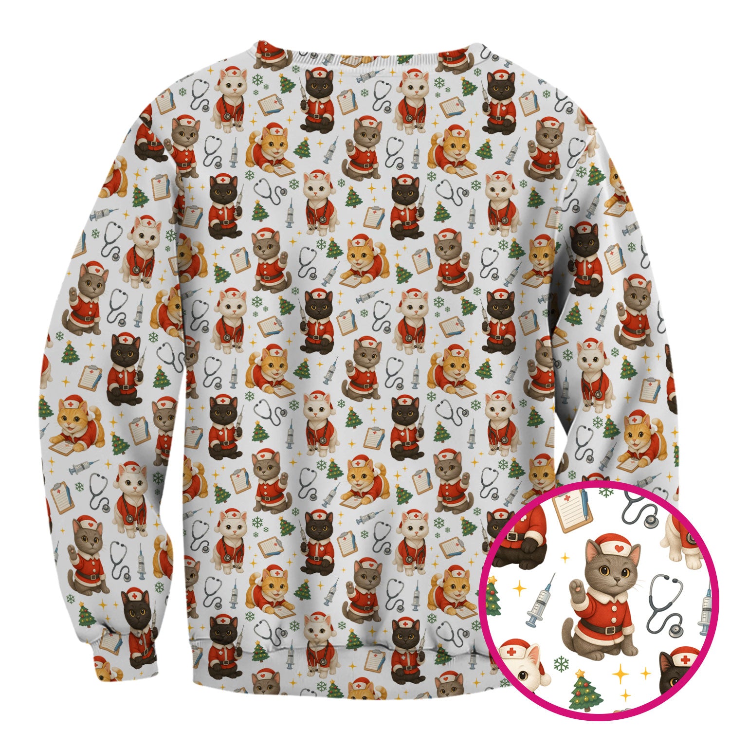 Funny Nurse Scrub Top for Women - Christmas Lucky Cat Design - Cute Holiday Nursing Shirt Gift for RN LPN CNA