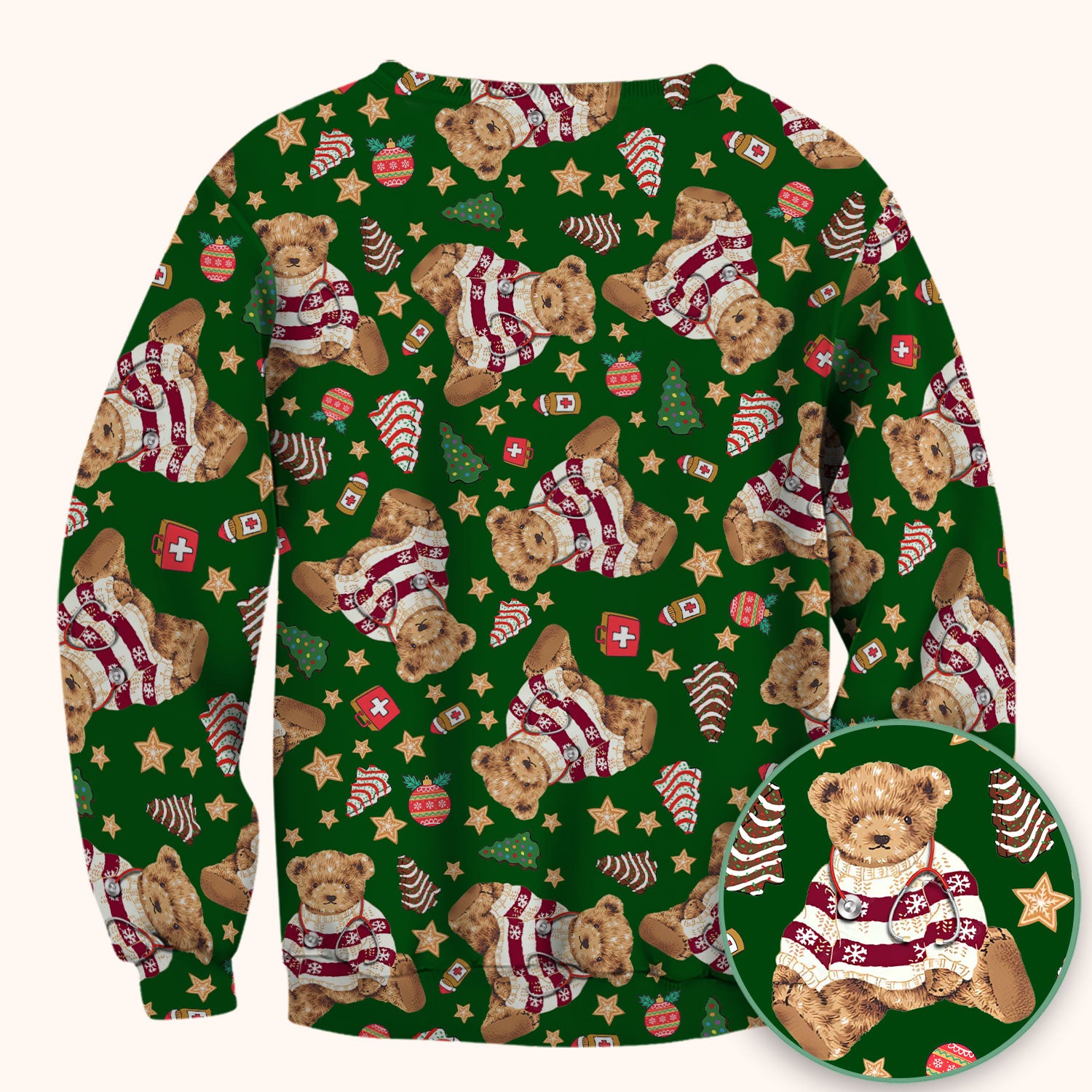 Teddy Bear Christmas Scrub Top - Cute Holiday Medical Pattern with Warm Sweater Bear - Gift for Nurses RN CNA LPN
