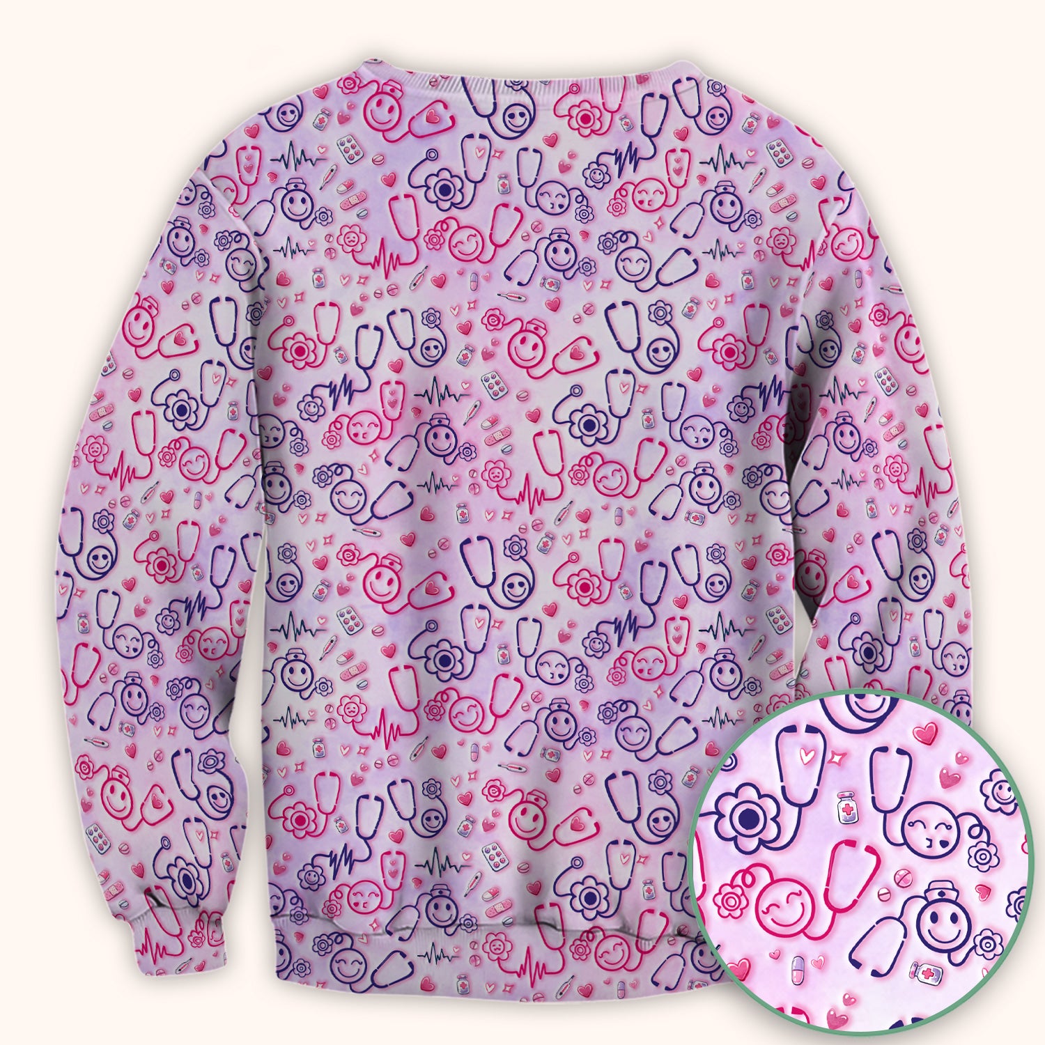 Stethoscope Heart Cute Icon Print Scrub Top, Breathable Fabrics Nursing Uniform