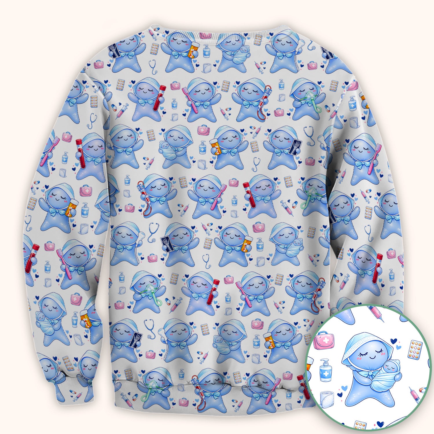 Cute Tooth Character Dental Tools Caring Pattern Scrub Top, Breathable Fabrics Nursing Uniform