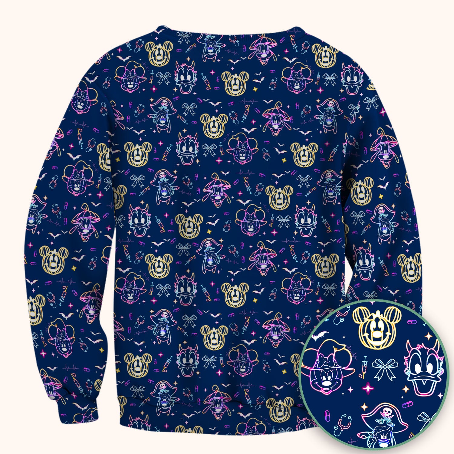 Neon Mouse Halloween Scrub Top for Nurses - Spooky Faces and Scary Pumpkin Shirt - Funny Med Uniform Gift for Women