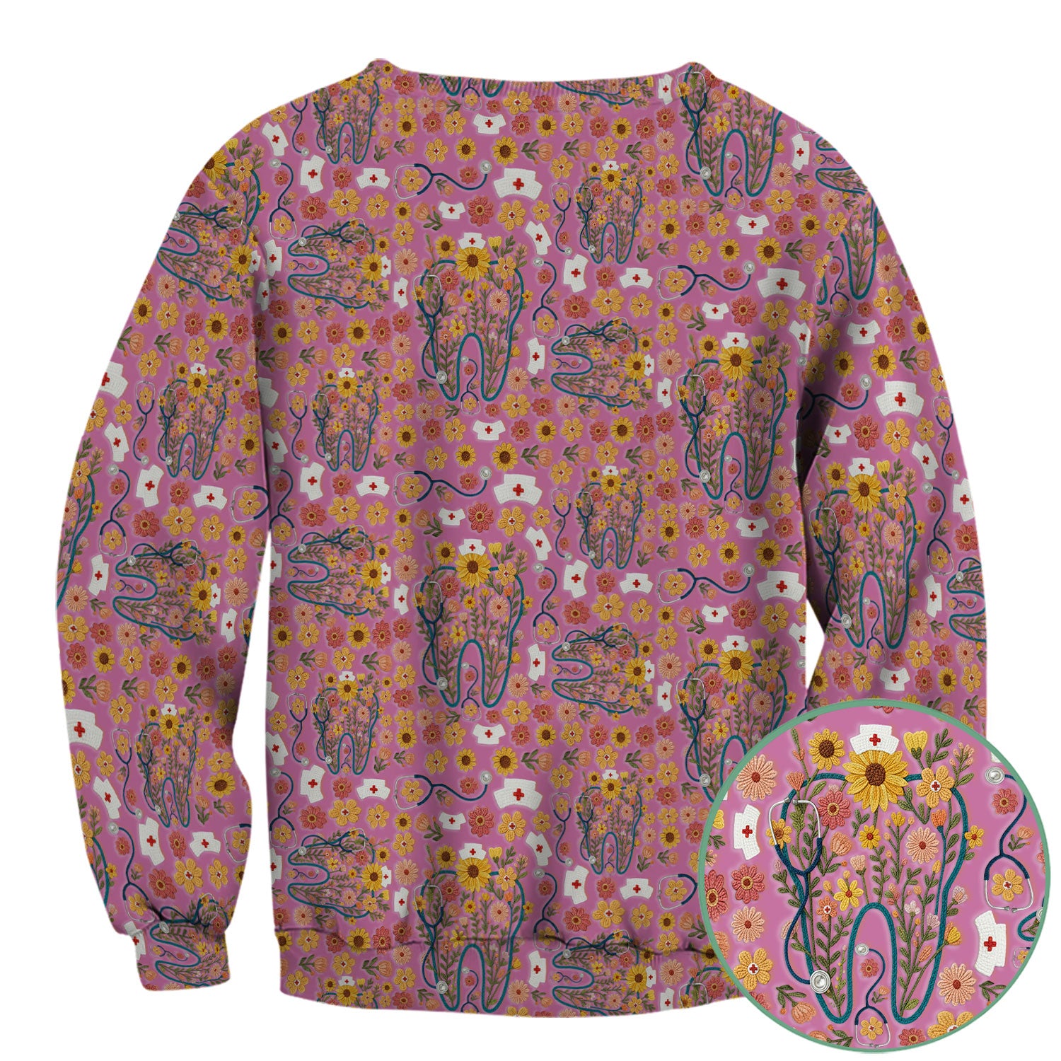 Boho Floral Tooth Scrub Top - Aesthetic Dental Scrubs for Women - Cute Flower Tooth Pattern Medical Uniform - Hygienist Christmas Gift