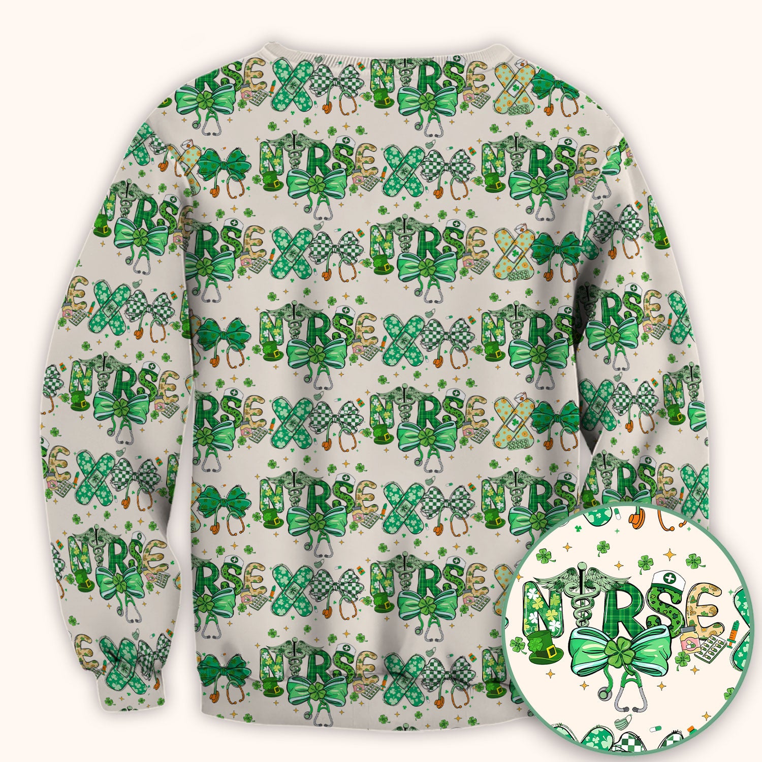 St. Patrick’s Nurse Scrub Top, Lucky Clover And Green Bow Pattern Nurse Shirt, Breathable Fabrics Nursing Uniform