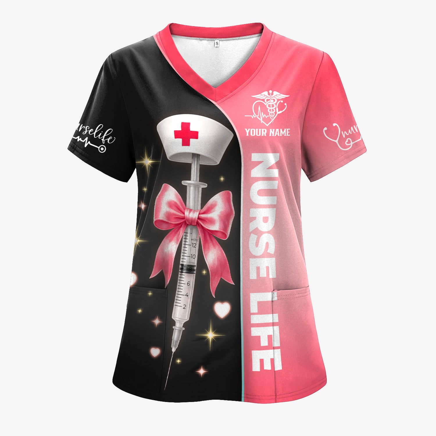 Personalized Nurse Life Scrubs for Women RN LPN CNA - Cute Pink and Black Syringe Bow Design - Funny Medical Quote Gift for Healthcare Workers in Nursing Field