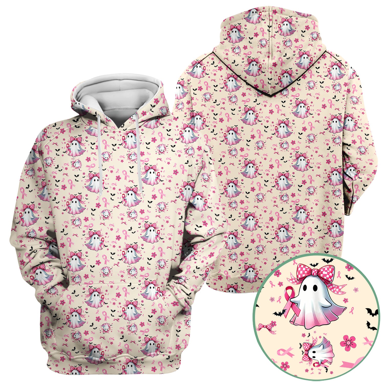Breast Cancer Awareness Ghost Scrub Top for Women - Pink Ribbon Halloween Nurse Shirt - Cute Spooky Medical Uniform RN LPN CNA Gift